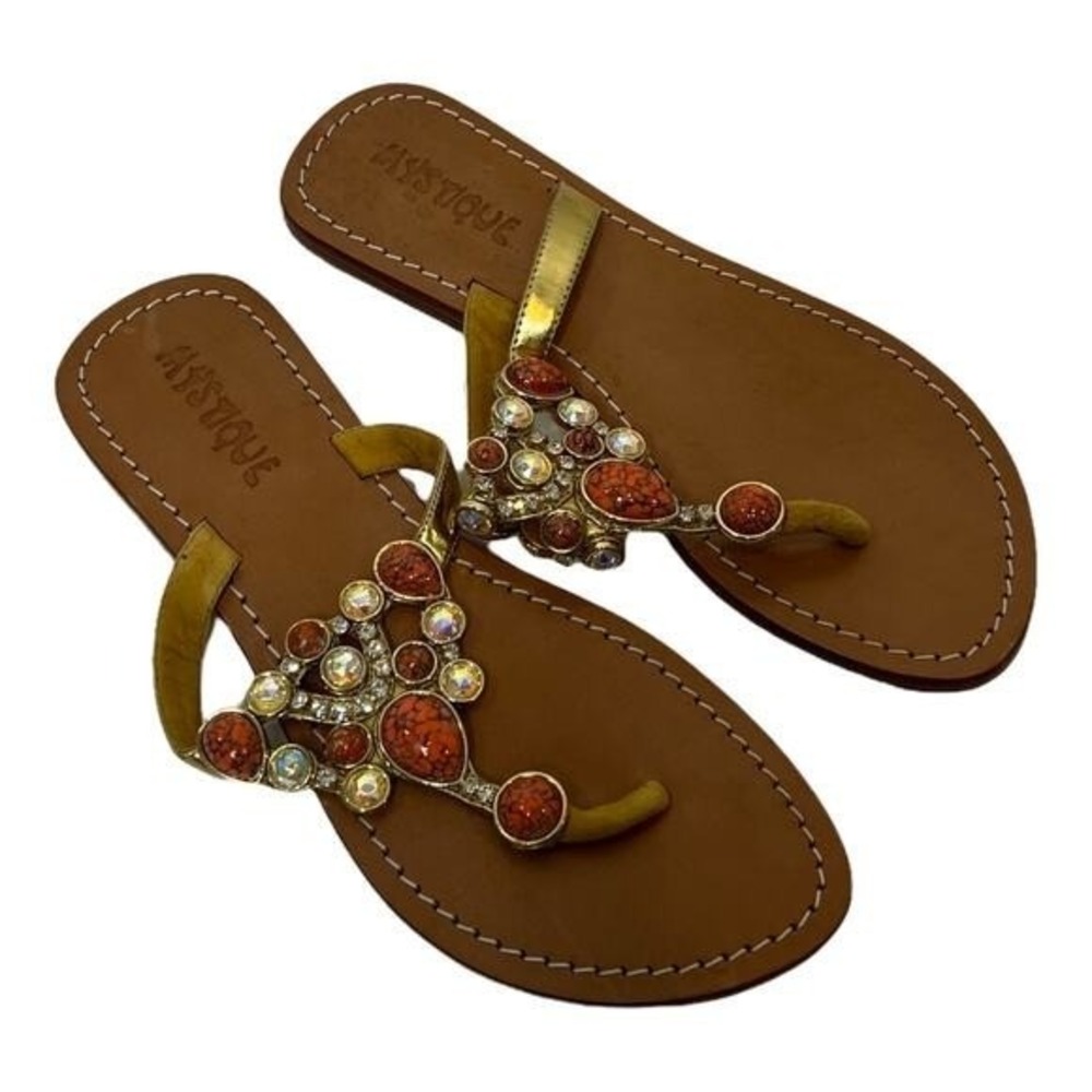 Mystique Gold Leather Jeweled Thong Sandals Orange Faux Turquoise Crystal Flat - Picture 2 of 11